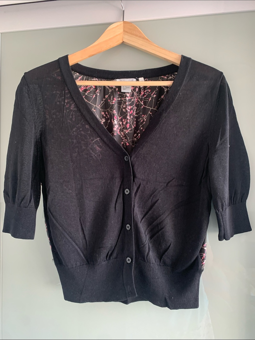 H&M Black V-Neck Button-Front Cardigan with Floral Trim